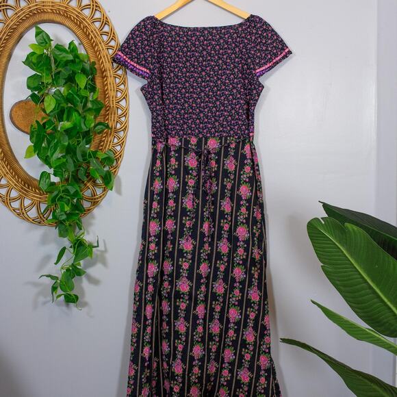 Handmade Black Pink Floral Prairie Maxi Dress Rickrack Cottagecore Dark Winter - Picture 5 of 8